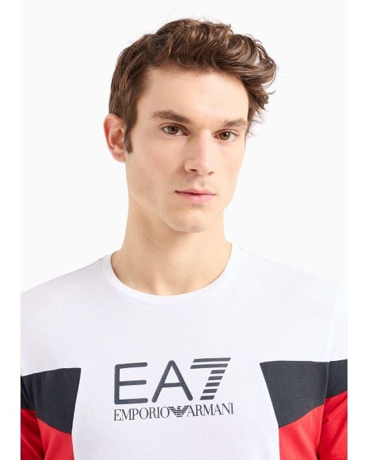 EA7 White Summer Block Cotton Crew-neck T-shirt for men