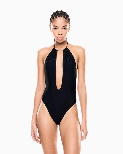 EA7 Blue One-Piece Swimsuit With Wide Neckline