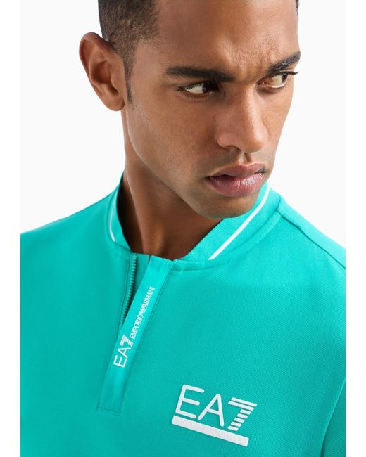 EA7 Blue Tennis Club Stretch-cotton Henley-collar Polo Shirt for men