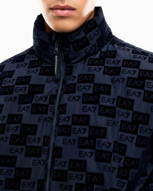 EA7 Blue Oversized Hooded Bomber Jacket With Velvet Monogram for men