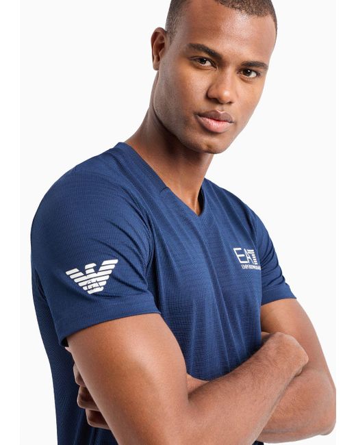 EA7 Blue Tennis Pro V-neck T-shirt In Ventus7 Technical Fabric for men