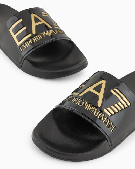 EA7 White Logo Slides With A Wide Band And Anti-Slip Rubber Soles