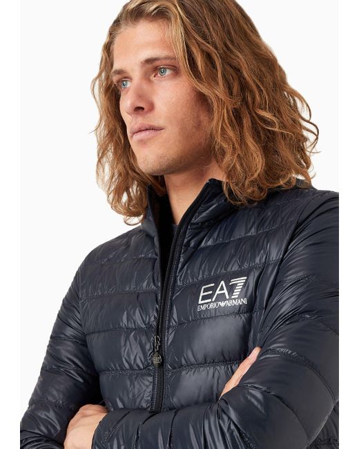 EA7 Blue Packable Hooded Core Identity Puffer Jacket for men