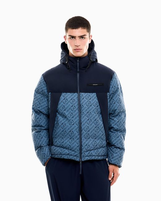 EA7 Blue Oversized Hooded Bomber Jacket With Repeated Logo for men