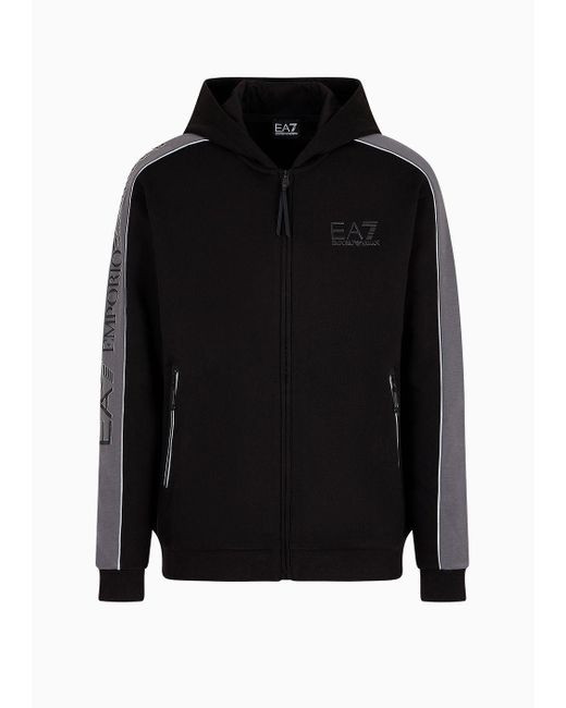 EA7 Black Athletic Colour Block Hooded Sweatshirt With Zip In A Cotton Blend for men