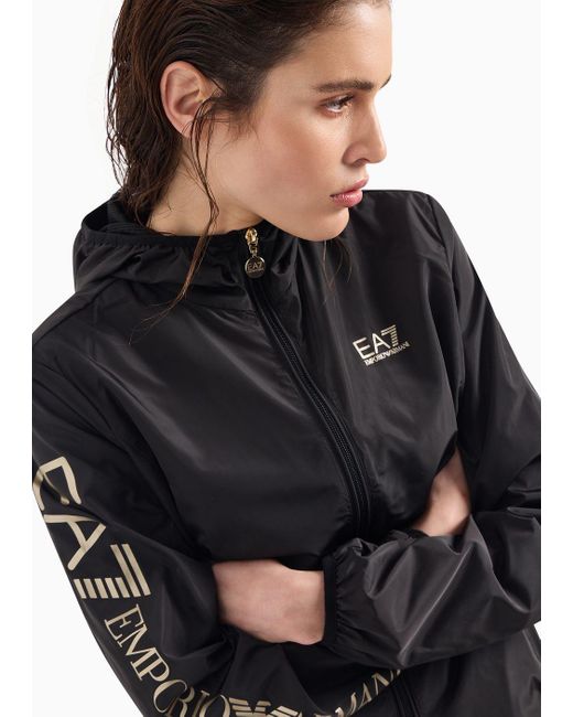 EA7 Black Water-repellent Fabric Shiny Hooded Jacket