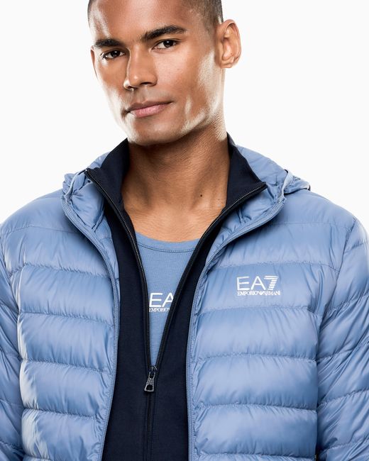 EA7 Blue Insulated Down Jacket With Fixed Hood Core Identity for men