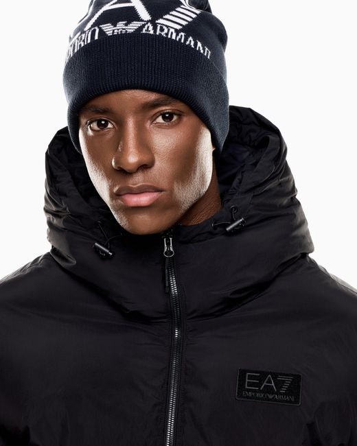 EA7 Blue Cuffed Beanie With Jacquard Logo Mountain Visibility