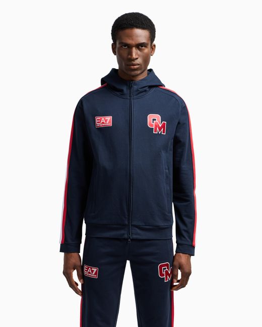 EA7 Blue Olimpia Milano Cotton Hooded Sweatshirt for men