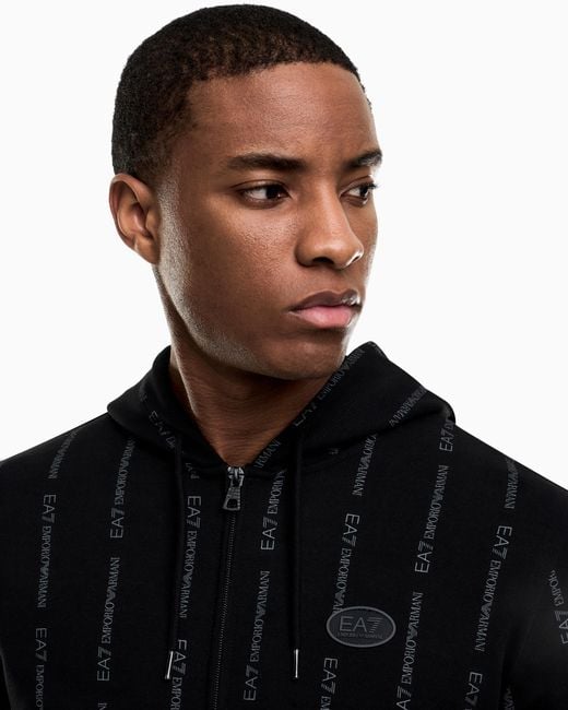 EA7 Black Graphic Series Cotton-Blend Hooded Zip-Up Sweatshirt for men