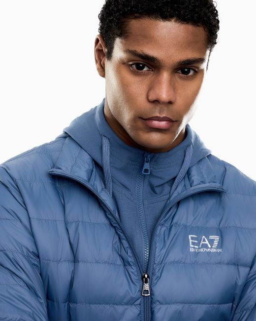 EA7 Blue Packable Down Jacket With Front Zip Core Identity for men