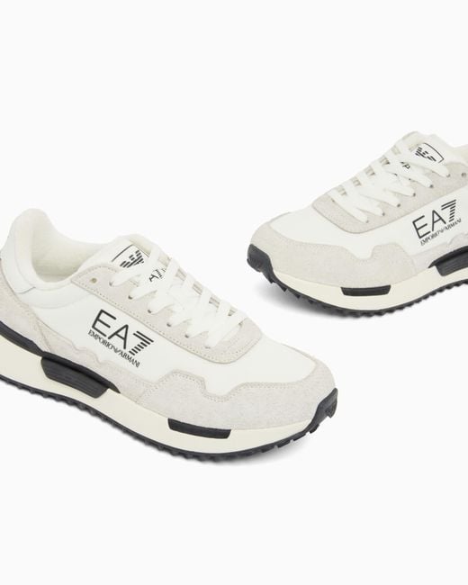 EA7 White Fabric Sneaker With Suede Inserts Vintage Running
