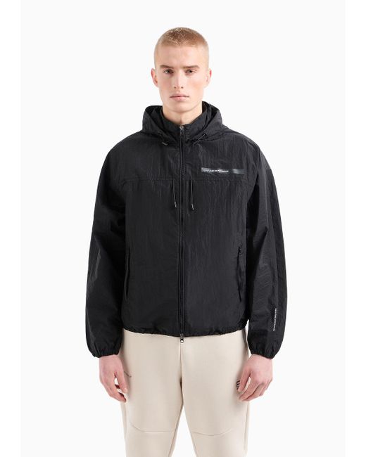 EA7 Black Nylon Athletic Mix Hooded Jacket for men