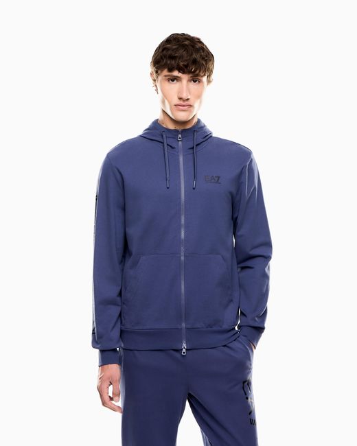 EA7 Logo Series Sweatshirt Aus Baumwolle Mit Kapuze in Blue für Herren