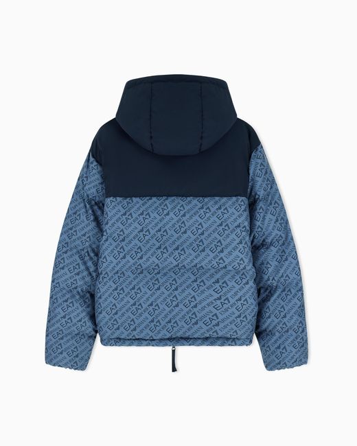 EA7 Blue Oversized Hooded Bomber Jacket With Repeated Logo for men