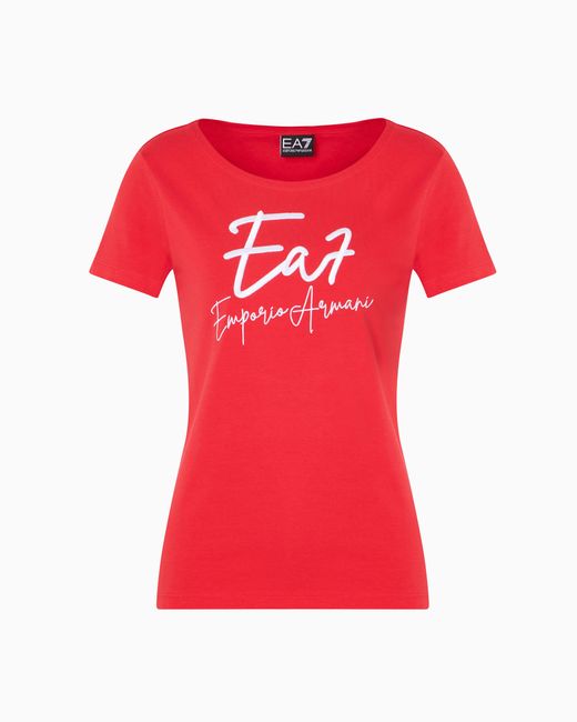 EA7 Red Logo Series T-Shirt Mit U-Boot-Ausschnitt, Gefertigt Aus Baumwollstretch
