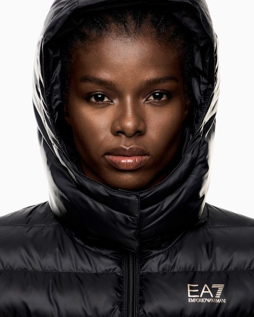 EA7 Black Padded Nylon Hooded Pea Coat