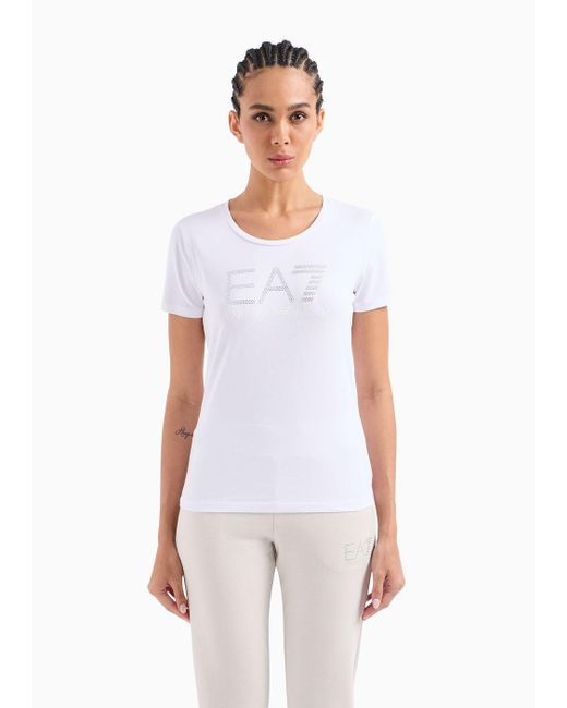 EA7 White Logo Series Stretch-cotton T-shirt With Rhinestone Logo