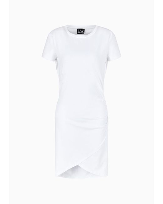 EA7 White Logo Series Kleid Mit Rundhalsausschnitt Aus Baumwollstretch