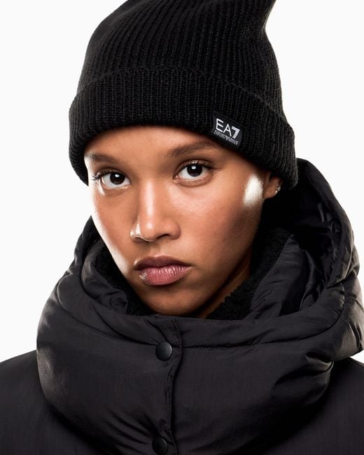 EA7 Black Fisherman Wool Knit Beanie With Logo Mountain Core