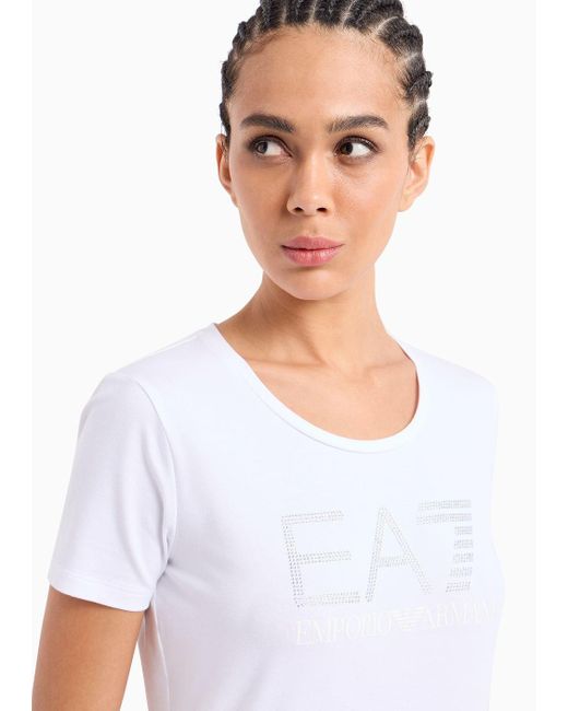 EA7 White Logo Series Stretch-cotton T-shirt With Rhinestone Logo