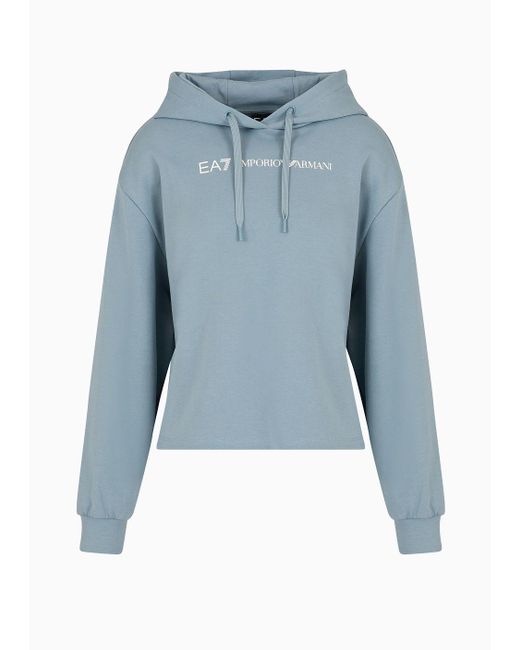 EA7 Blue Cotton Shiny Cropped Sweatshirt With Hood
