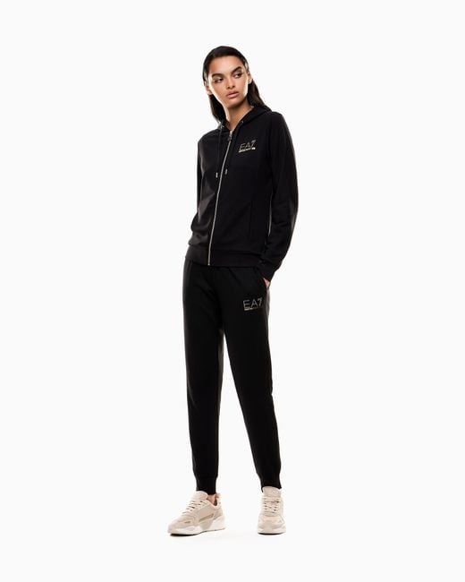 EA7 Black Viscose Suit With A Zip-Up Hoodie And Micro-Studs Tracksuit
