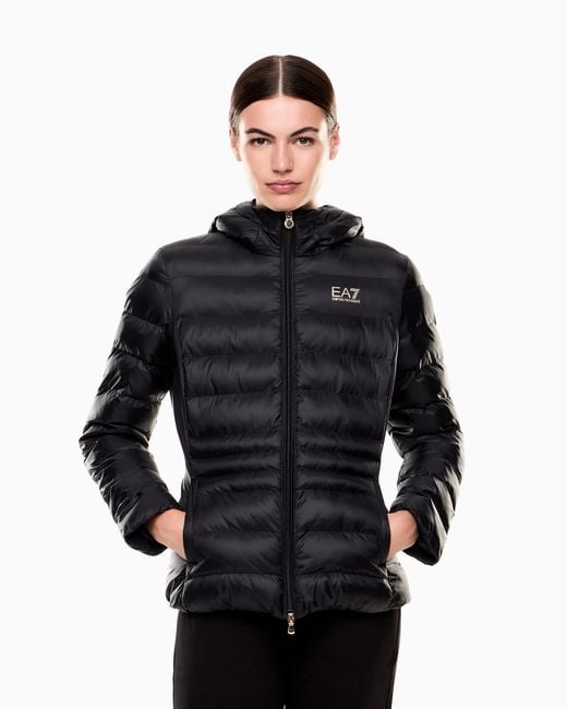 EA7 Black Padded Jacket With A Fixed Hood And Front Zip Core Lady