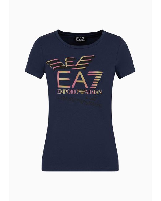 EA7 Blue Logo Series Crossover-t-shirt Aus Baumwollstretch Mit Rundhalsausschnitt