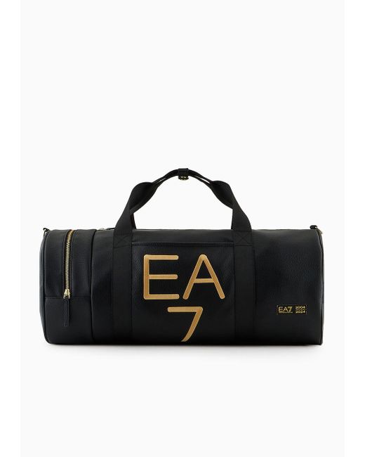EA7 Black Soccer Duffel Bag With Oversized Golden Logo for men