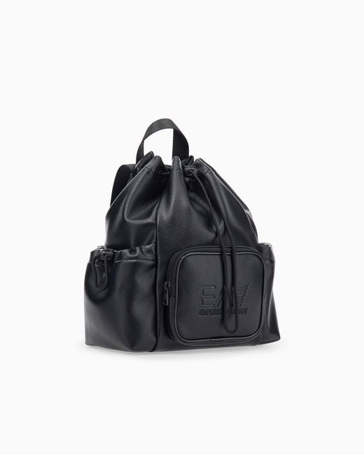 EA7 Black Backpack With Embossed Logo And Leather-Effect Drawstring Closure