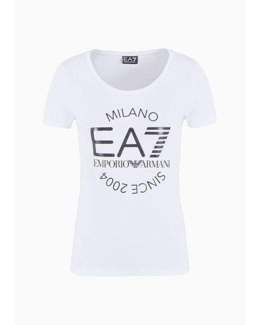 EA7 White Logo Series Crossover-t-shirt Aus Baumwollstretch Mit Rundhalsausschnitt