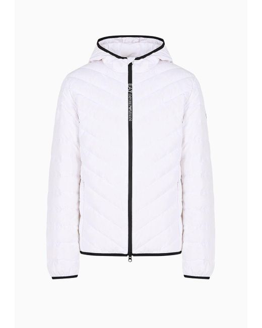 EA7 White Premium Shield Packable Puffer Jacket With Hood for men
