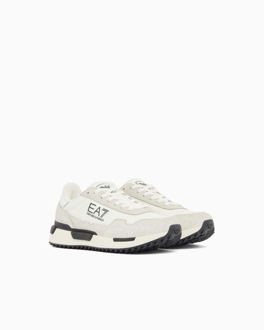 EA7 White Fabric Sneaker With Suede Inserts Vintage Running