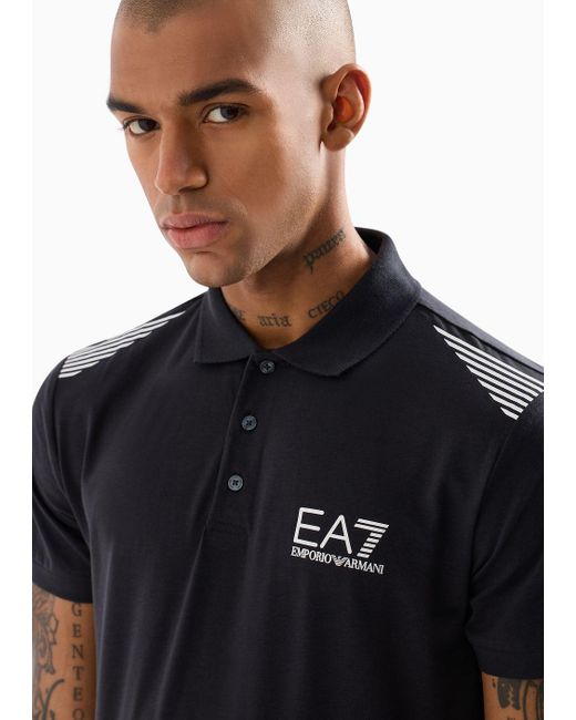 EA7 Black Asv 7 Lines Recycled-fabric Short-sleeved Polo Shirt for men
