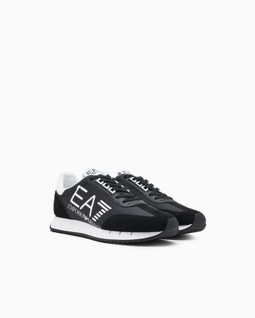 EA7 White Fabric Sneakers With Leather Details