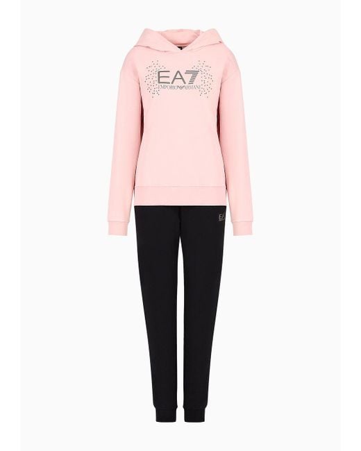 EA7 Pink Organic-cotton Blend Tracksuit With Rhinestone Logo