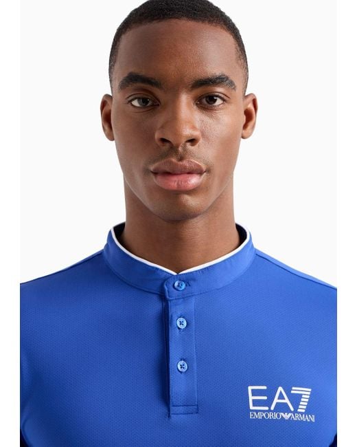 EA7 Blue Tennis Pro Henley-collar Polo Shirt In Ventus7 Technical Fabric for men