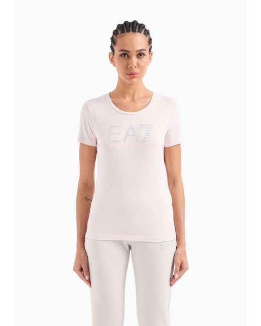 EA7 Pink Logo Series Stretch-cotton T-shirt With Rhinestone Logo