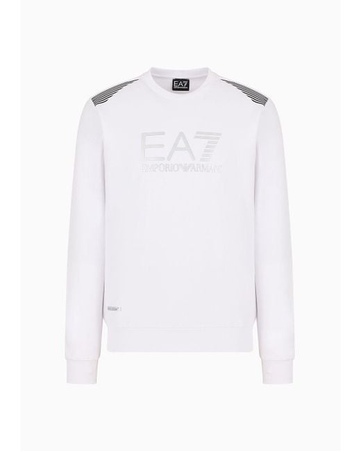 EA7 White Asv 7 Lines Cotton-blend Crew-neck Sweatshirt for men