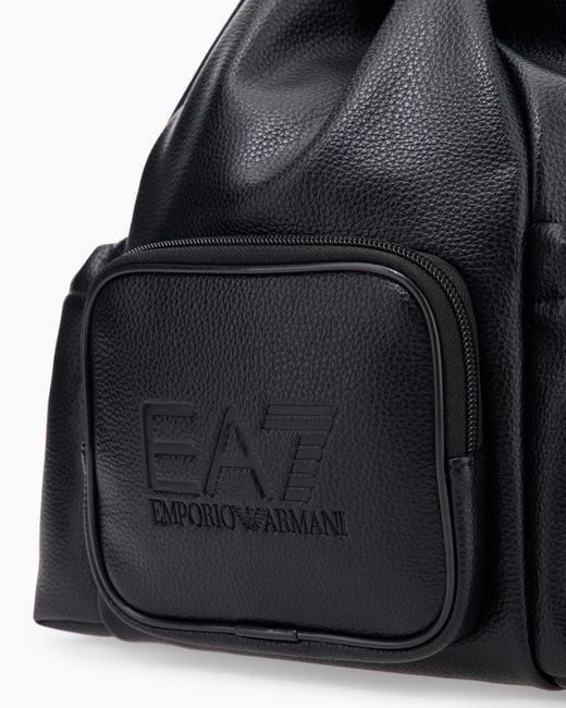 EA7 Black Backpack With Embossed Logo And Leather-Effect Drawstring Closure
