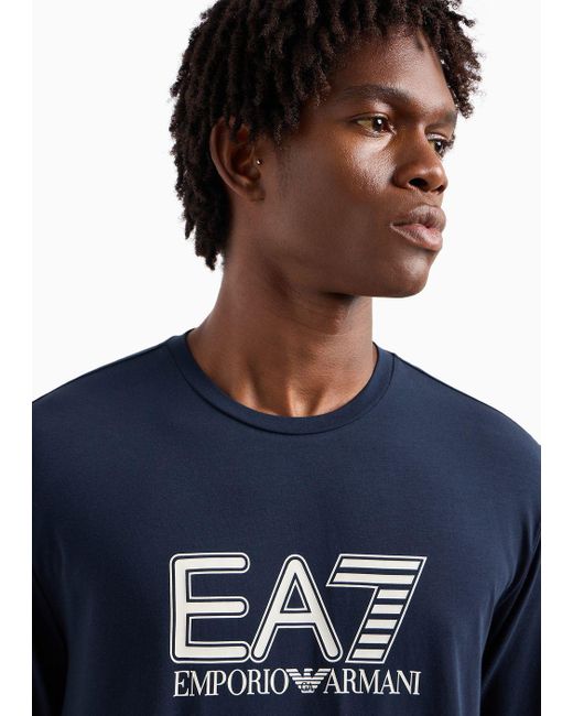 EA7 Blue Visibility Stretch-cotton Long-sleeved Crew-neck T-shirt for men
