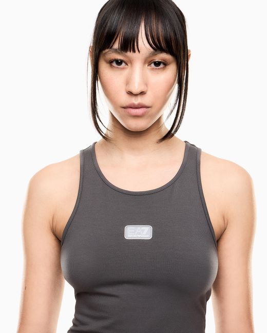EA7 Gray Logo Series Stretch Cotton Jersey Top With Logo