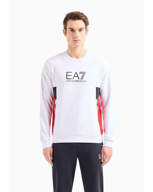 EA7 White Summer Block Crew-neck Sweatshirt In A Recycled Cotton Blend for men