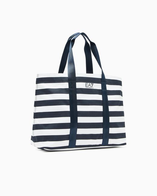 EA7 Blue Striped Cotton Shopper Bag