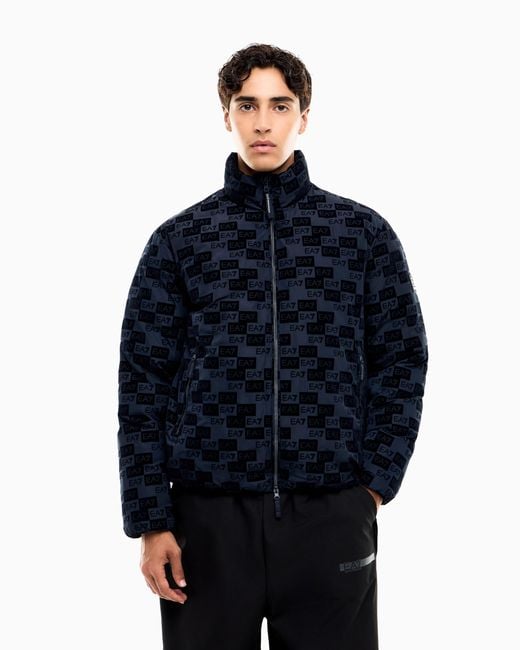 EA7 Blue Oversized Hooded Bomber Jacket With Velvet Monogram for men