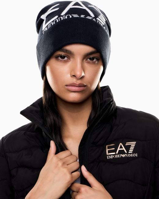 EA7 Blue Cuffed Beanie With Jacquard Logo Mountain Visibility