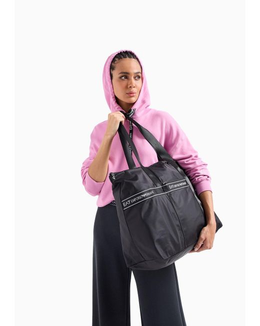 EA7 Black Packable Technical Fabric Shopper Bag