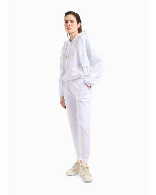 EA7 White Shiny Stretch-cotton Hooded Sweatshirt