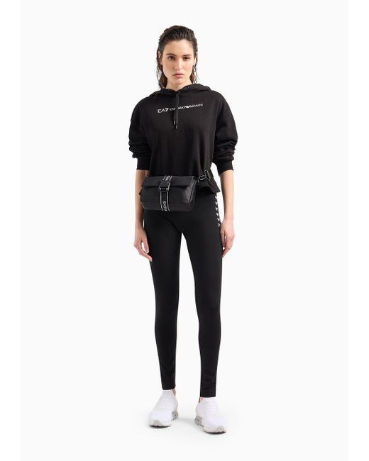 EA7 Black Cotton Shiny Cropped Sweatshirt With Hood